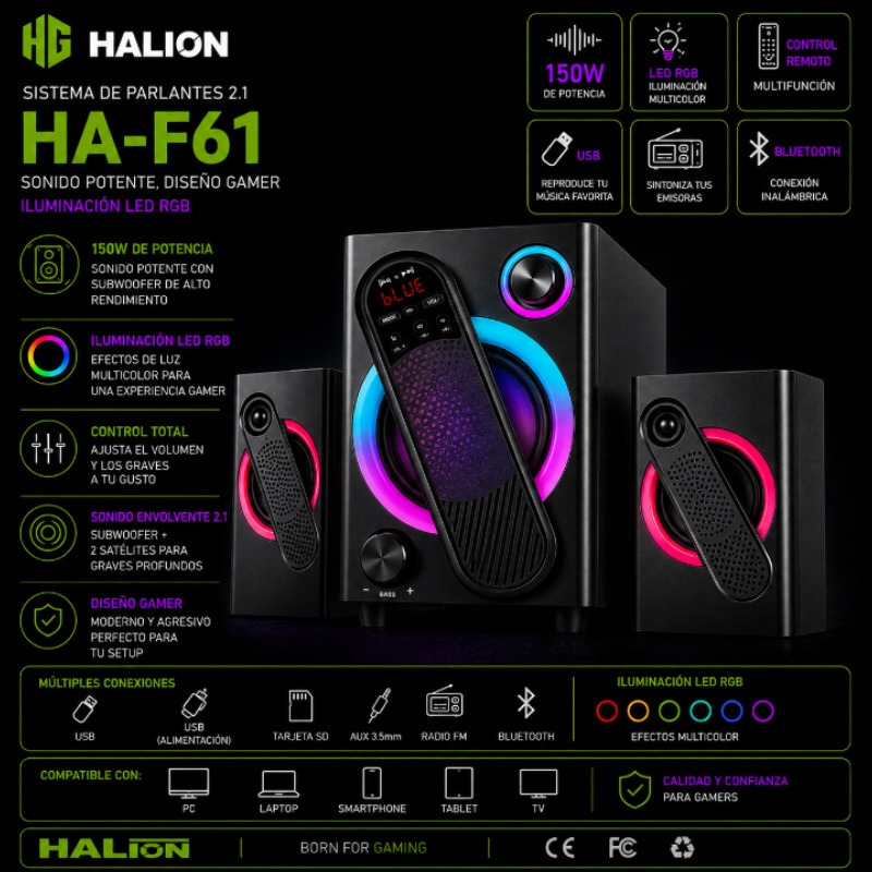 PARLANTE 2.1 150W RGB GORDON HALION HA-F61