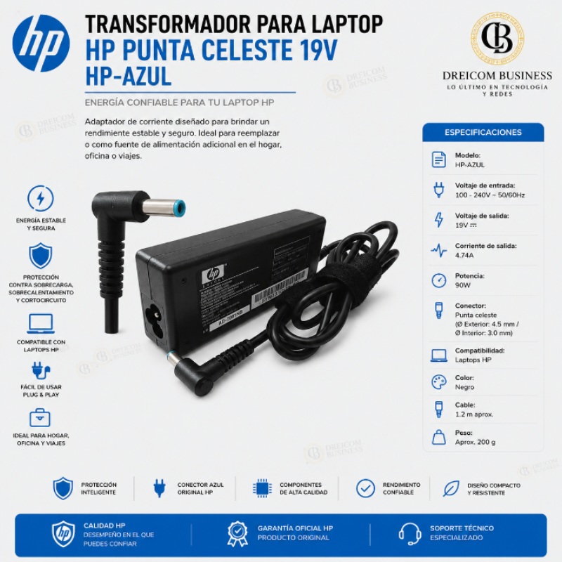TRANSFORMADOR PARA LAPTOP HP PUNTA CELESTE 19V HP-AZUL