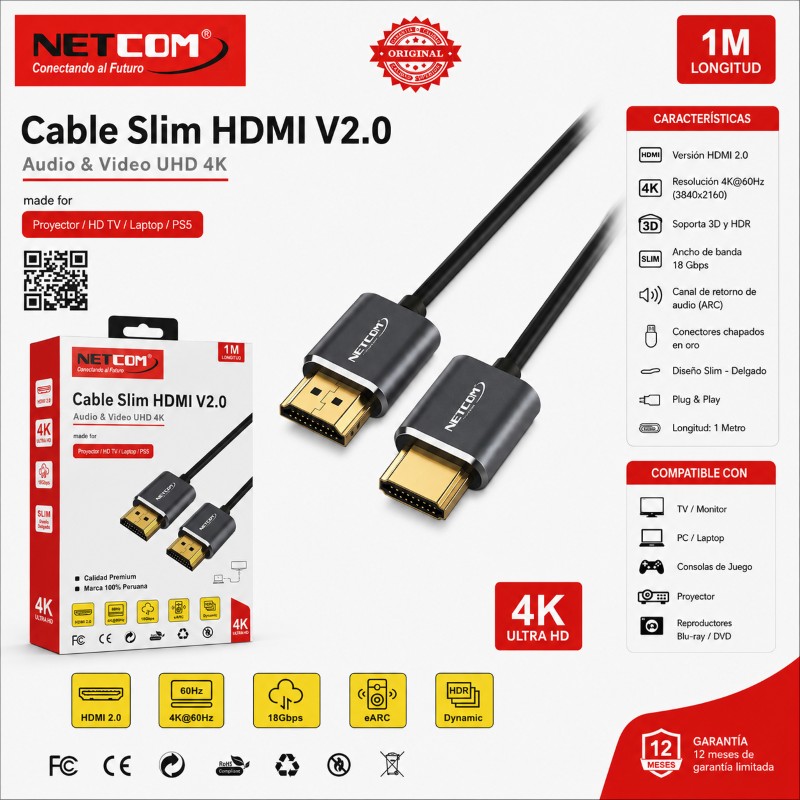 CABLE HDMI 2.0 4K 1 MT SLIM NETCOM HD0891 HD-1M-NET-SL