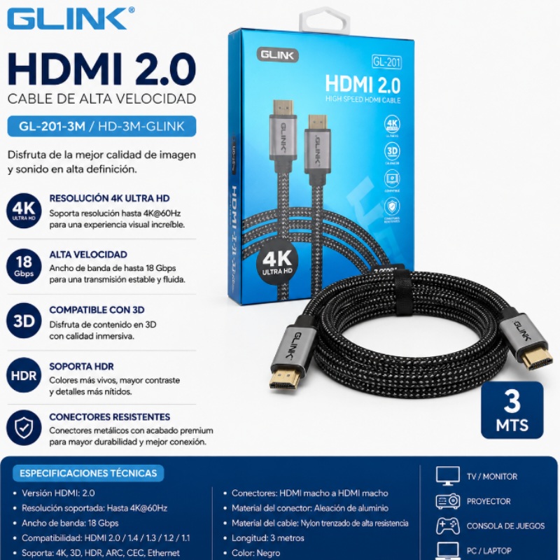CABLE HDMI 2.0 4K G LINK 3 MTS GL-201-3M HD-3M-GLINK