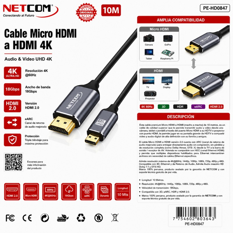 CABLE MICRO HDMI A HDMI V 2.0 4K 10 M 60HZ NETCOM PE-HD0847 MICROHD-HD-10M-NET