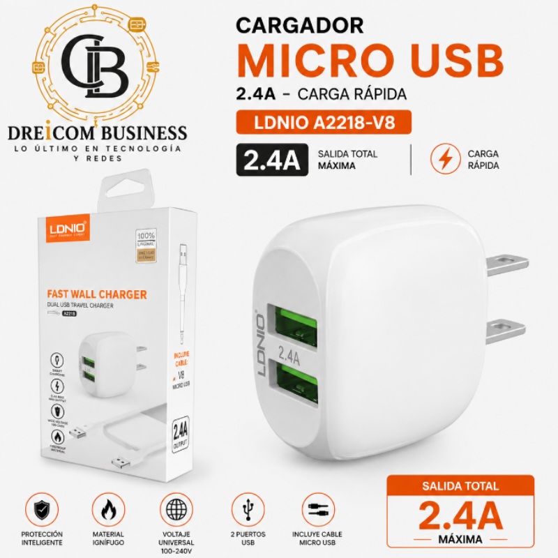 CARGADOR MICRO USB 2.4A LDNIO A2218-V8