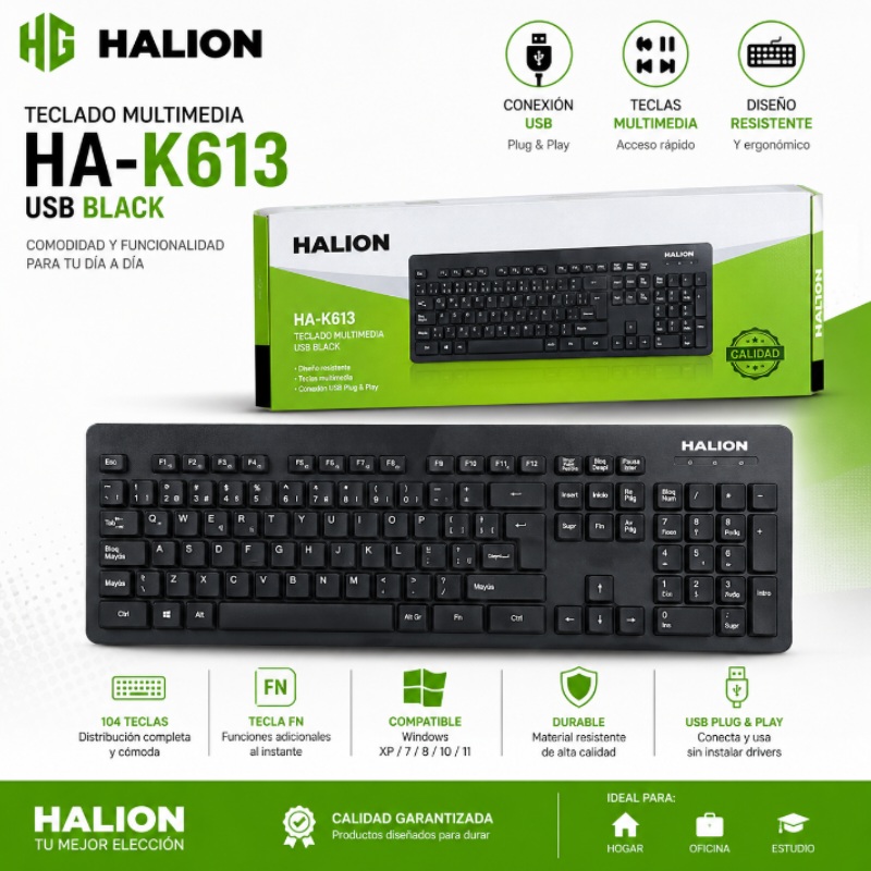 TECLADO MULTIMEDIA HALION HA-K613 USB BLACK
