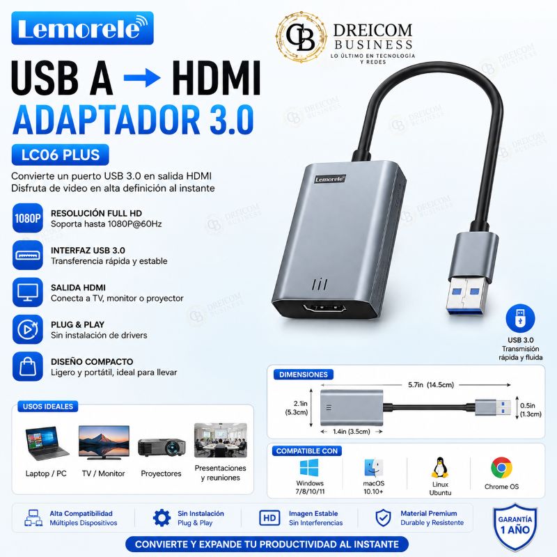 USB A HDMI ADAPTADOR 3.0 LEMORELE LC06 PLUS