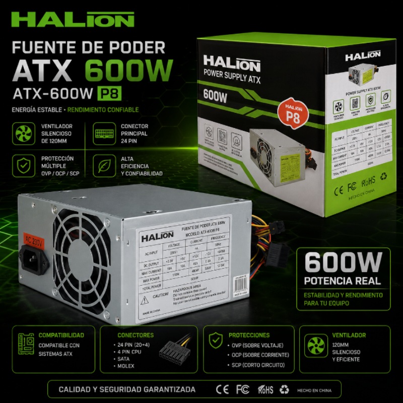 FUENTE DE PODER ATX 600W HALION CAJA ATX-600W P8