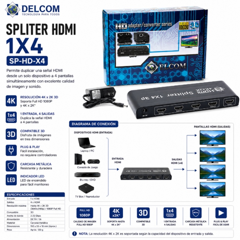 SPLITER HDMI 1X4 DELCOM SP-HD-X4