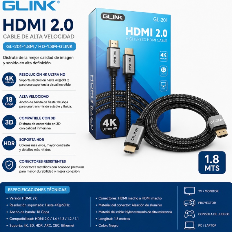 CABLE HDMI 2.0 4K G LINK 1.8 MTS GL-201-1.8M HD-1.8M-GLINK