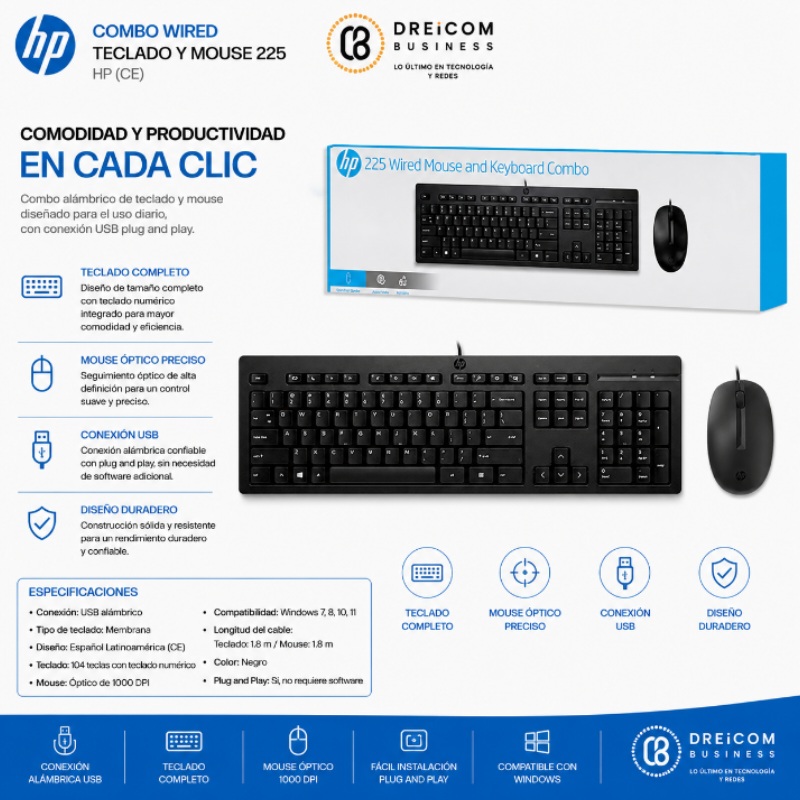 COMBO WIRED TECLADO Y MOUSE 225 HP (CE)
