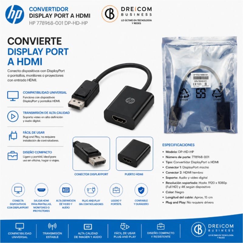 CONVERTIDOR DISPLAY PORT A HDMI HP 778968-001 DP-HD-HP
