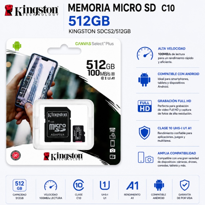 MEMORIA MICRO SD 512GB KINGSTON C10 SDCS2/512GB