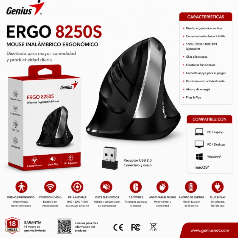 MOUSE GENIUS ERGO 8250S WIRELESS VERTICAL SILVER GREY B250S
