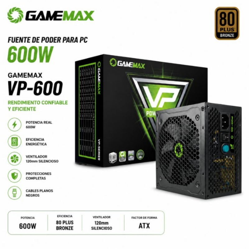 FUENTE DE PODER PARA PC 600W 80 PLUS BRONZE GAMEMAX VP-600
