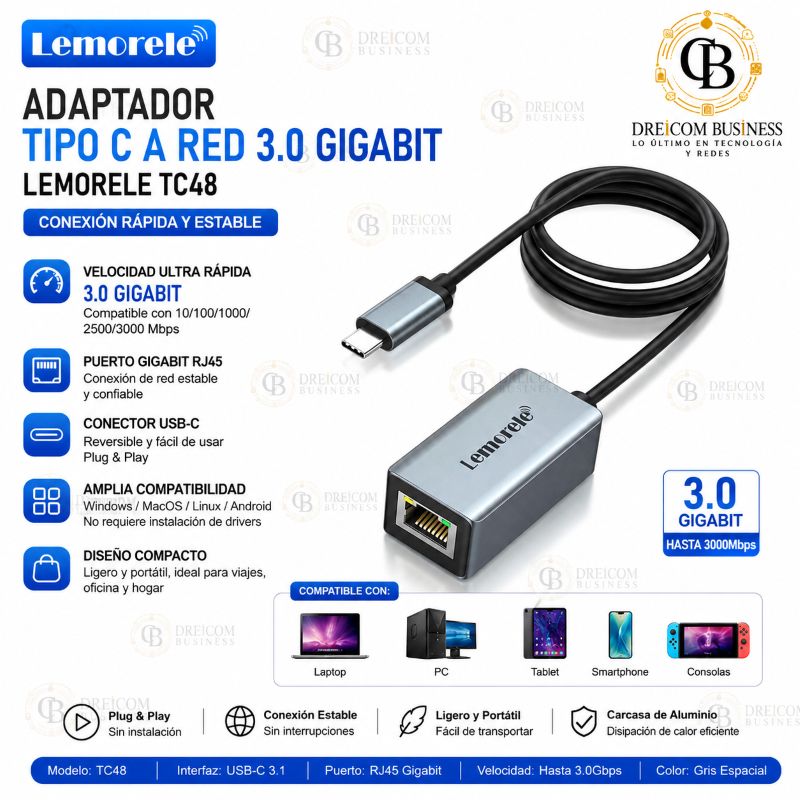 ADAPTADOR TIPO C A RED 3.0 GIGABIT LEMORELE TC48