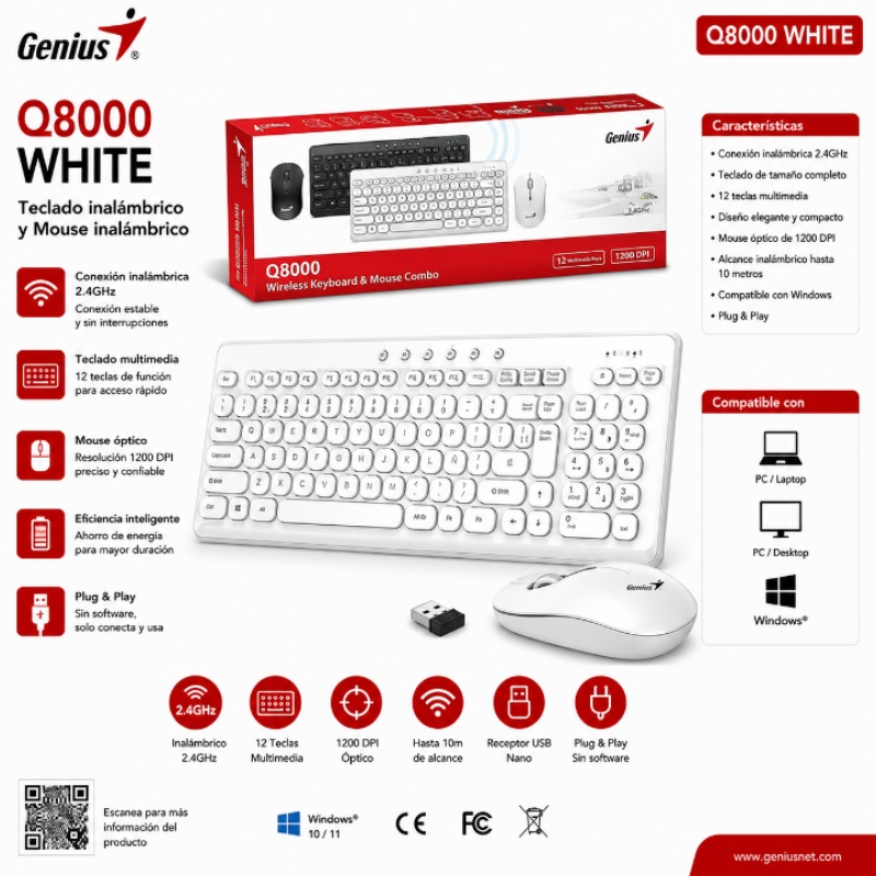 COMBO TECLADO Y MOUSE WIRELESS LUXEMATE Q8000 TKL USB WHITE GENIUS