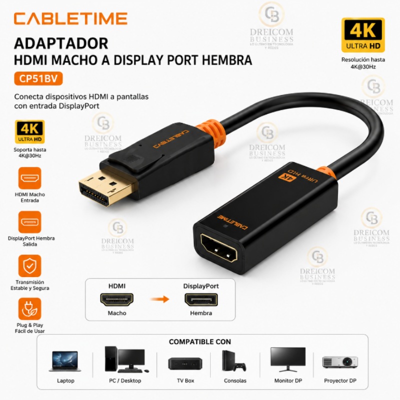 ADAPTADOR HDMI MACHO A DISPLAY PORT HEMBRA 4K CABLETIME CP51BV