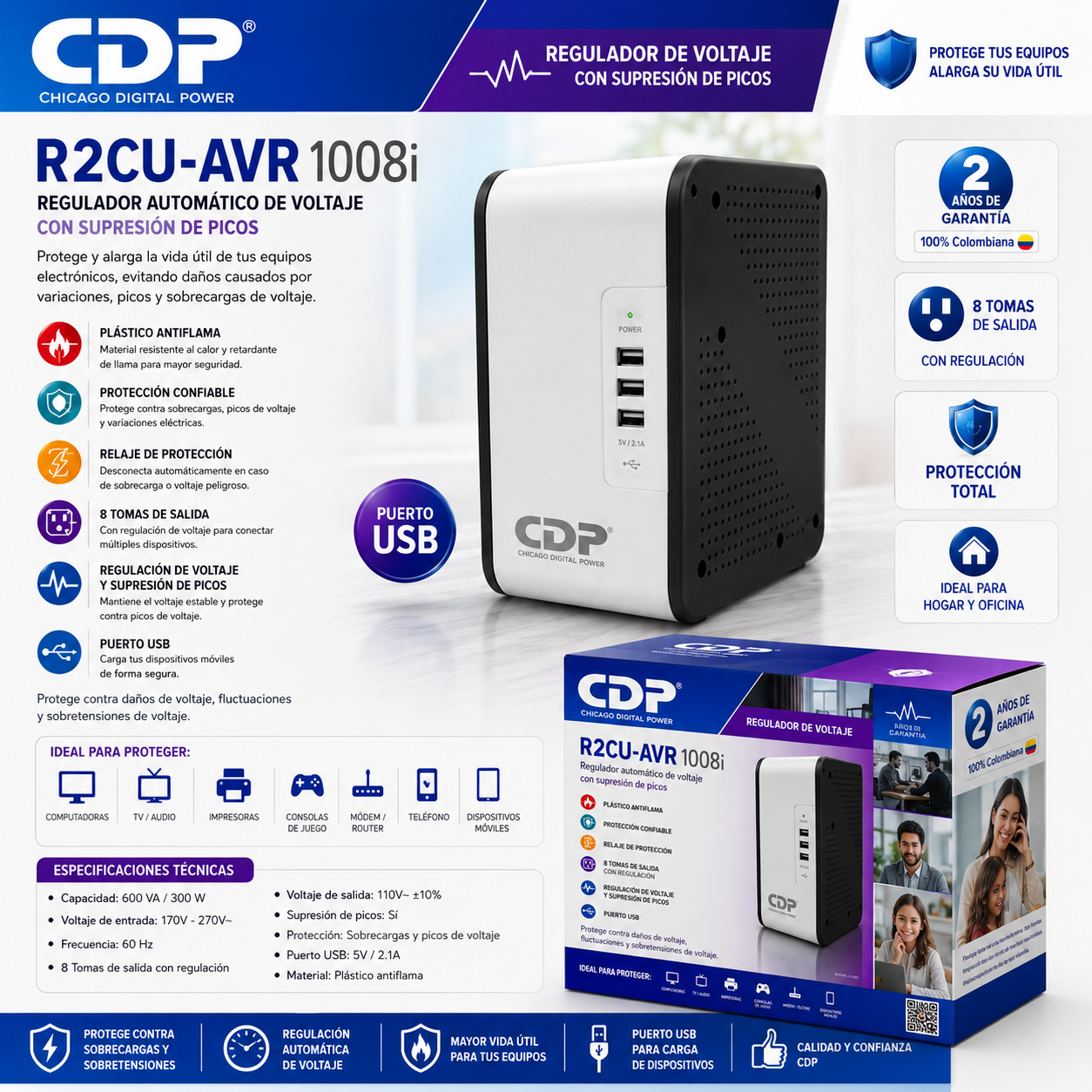 ESTABILIZADOR CDP 8 TOMAS CON PUERTO USB 600W R2CU-AVR 1008I
