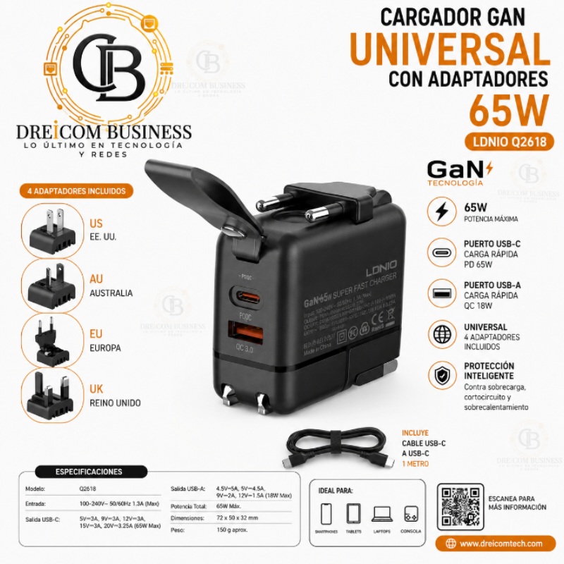 GARCAGOR GAN UNIVERSAL CON ADAPTADORES 65W LDNIO Q2618