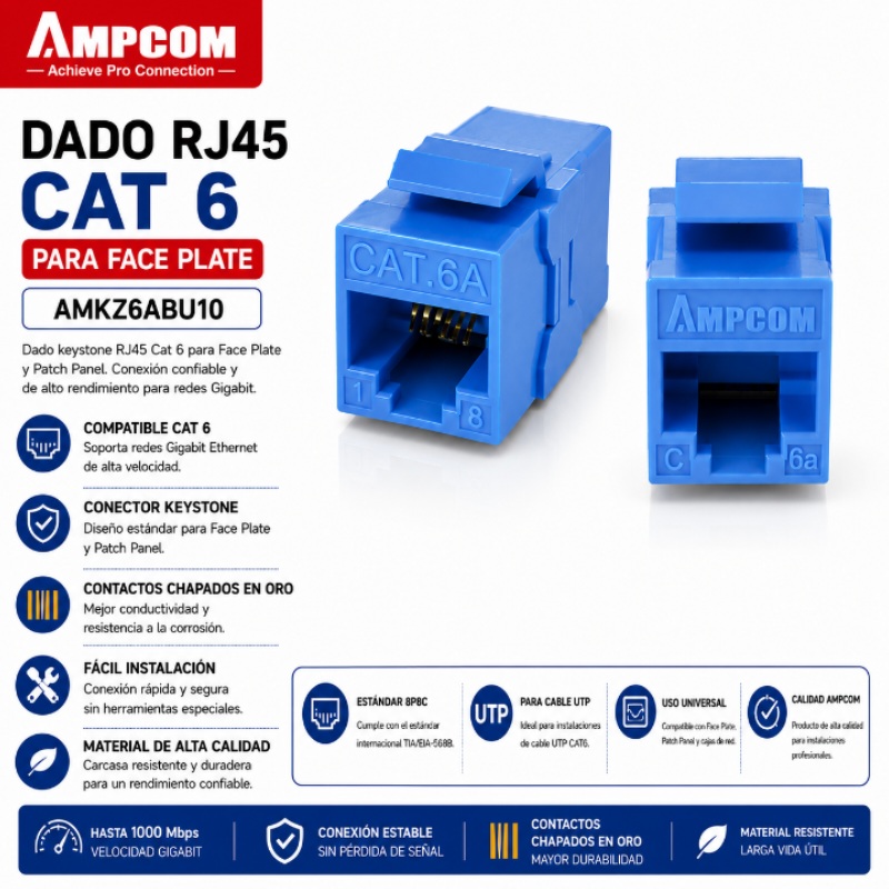 DADO RJ45 CAT 6 PARA FACE PLATE AMPCOM AMKZ6ABU10