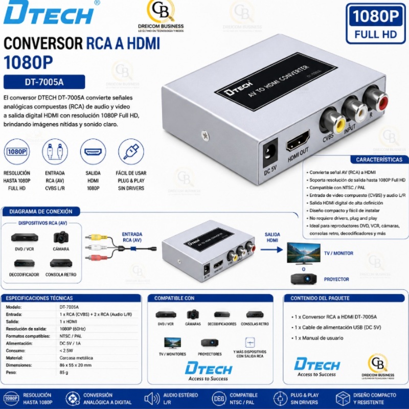 CONVERSOR RCA A HDMI 1080P D TECH DT-7005A