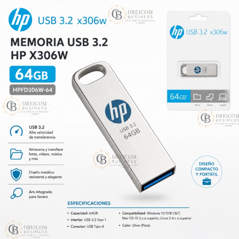 MEMORIA HP USB 3.2 X306W 64GB SILVER HPFD306W-64