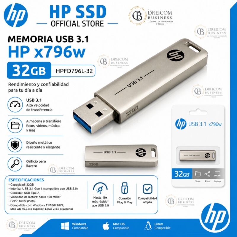 MEMORIA HP USB 3.1 X796W 32GB SILVER HPFD796L-32