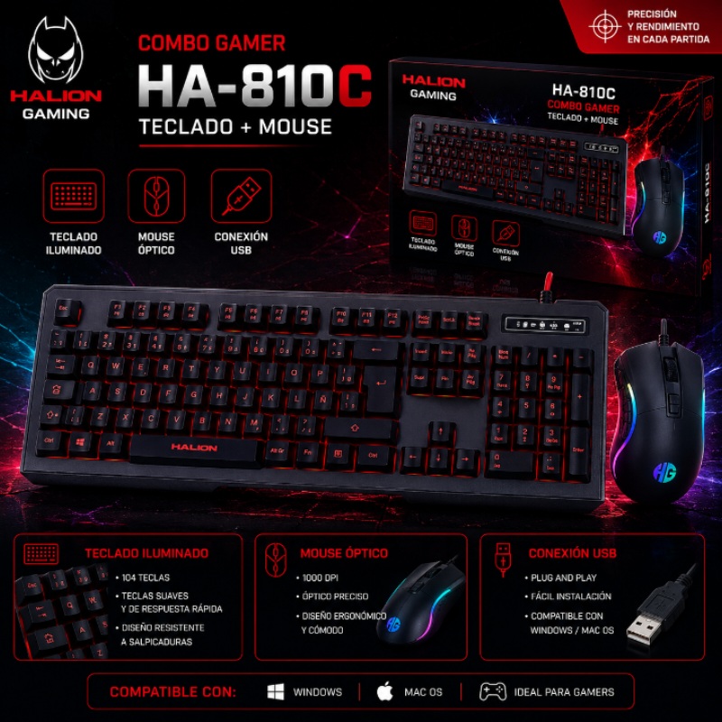 COMBO TECLADO Y MOUSE GAMER MIRAGE HALION HA-810C