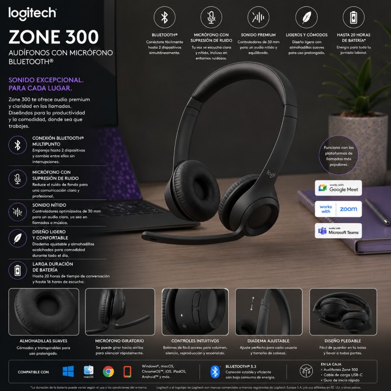 AUDIFONO CON MICROFONO BLUETOOTH BLACK LOGITECH ZONE 300