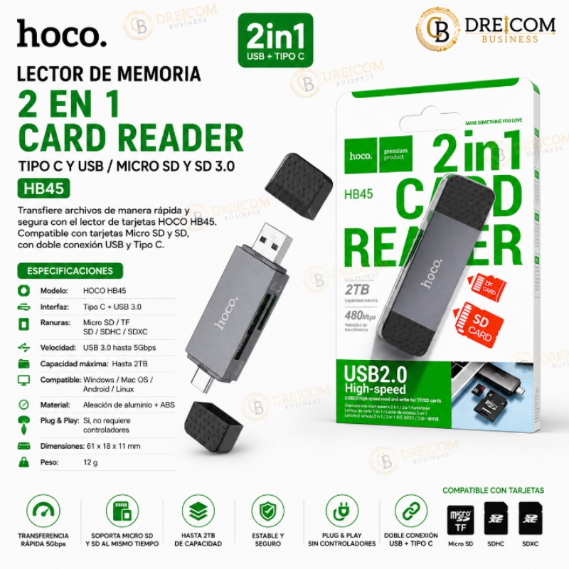 LECTOR DE MEMORIA DUAL TIPO C Y USB PARA MICRO SD Y SD 3.0 HOCO HB45