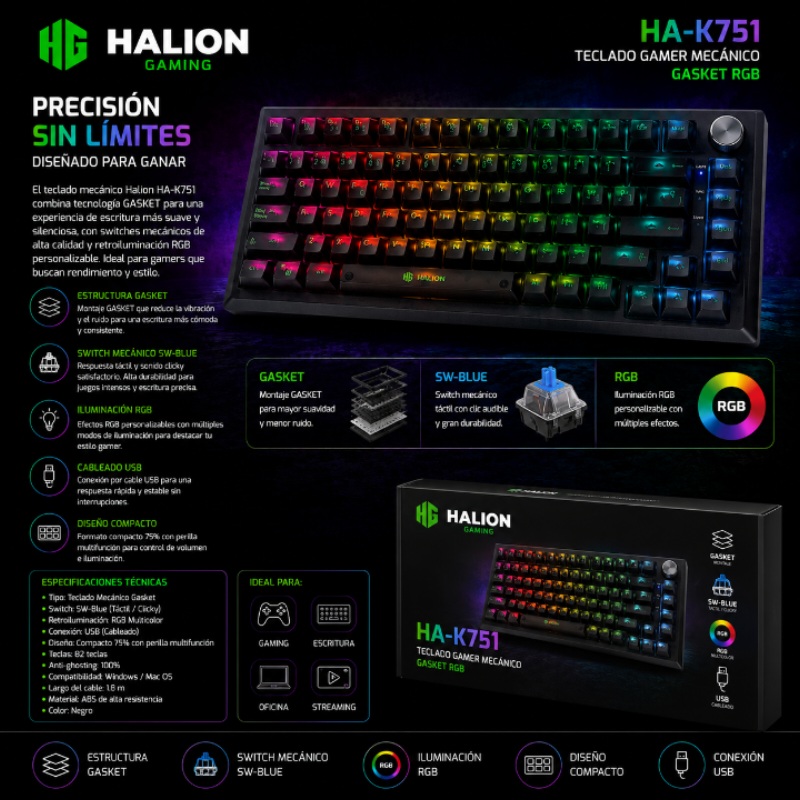 TECLADO GAMER MECANICO GASKET RGB HALION HA-K751
