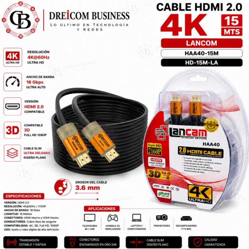 CABLE HDMI 2.0 4K 15 MTS LANCOM HAA40-15M HD-15M-LA