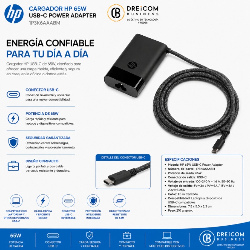 CARGADOR HP 65W USB-C POWER ADAPTER 1P3K6AAABM