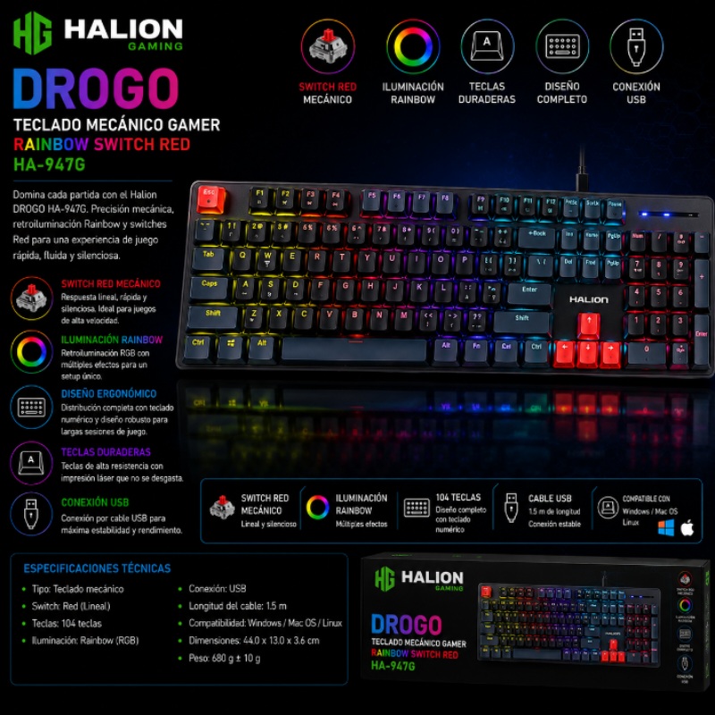 TECLADO MECANICO GAMER RAINBOW SWITCH RED DROGO HALION HA-947G