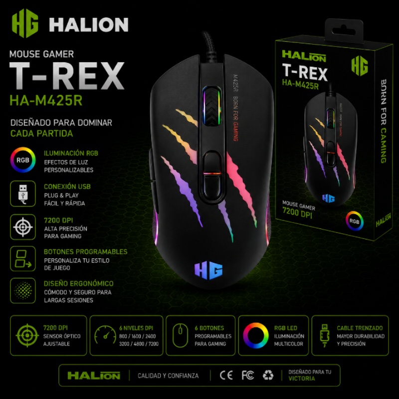 MOUSE GAMER RGB 7200 DPI T-REX HALION HA-M425R