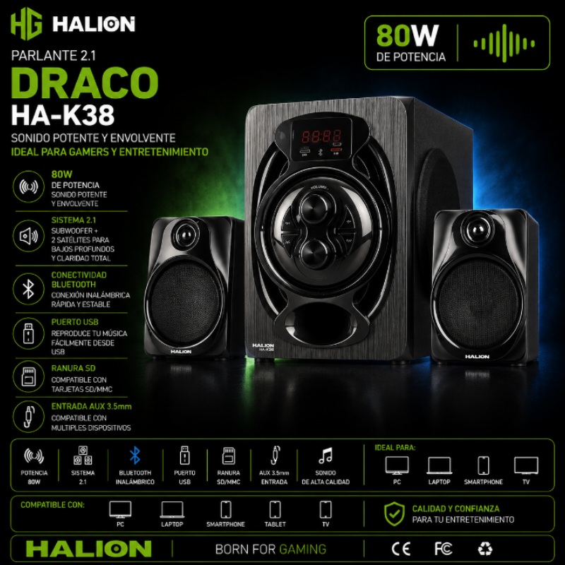 PARLANTE 2.1 DRACO 80W HALION HA-K38