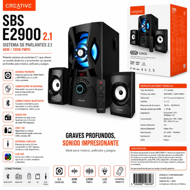 PARLANTE CREATIVE E2900 2.1 60W/120W BT/ FM/ USB/ SD/ 3.5MM 220V LUZ LED BLACK