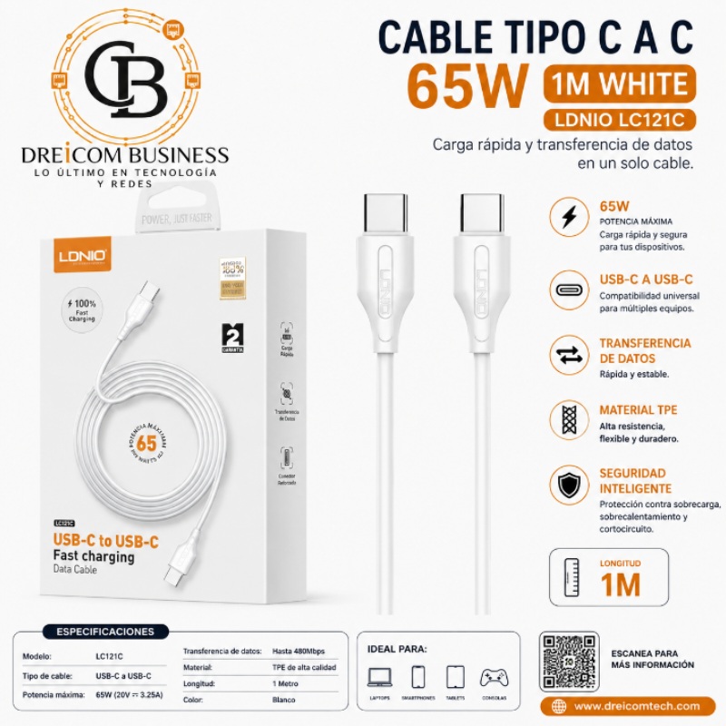 CABLE TIPO C A C 65W 1M WHITE LDNIO LC121C