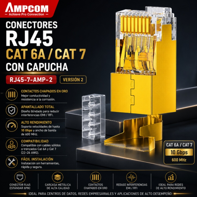 CONECTORES RJ45 CAT 6A CAT 7 CON CAPUCHA V2 AMPCOM RJ45-7-AMP-2
