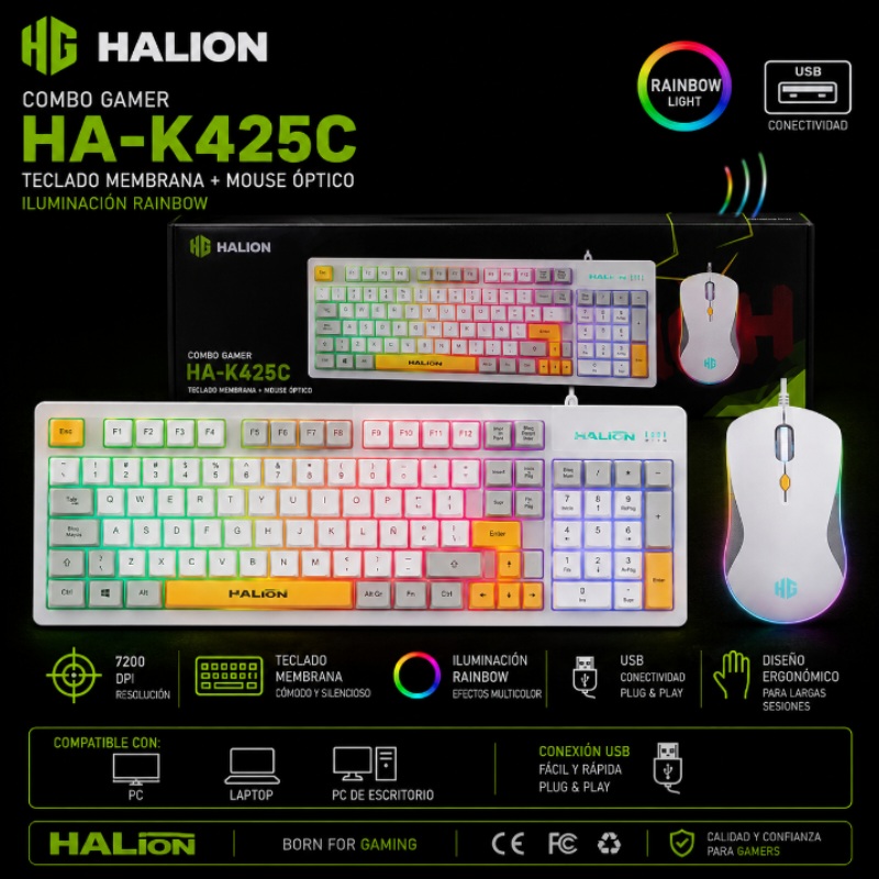COMBO TECLADO CON MOUSE GAMER TRICOLOR WHITE 101 TECLAS RAINBOW HALION K425C