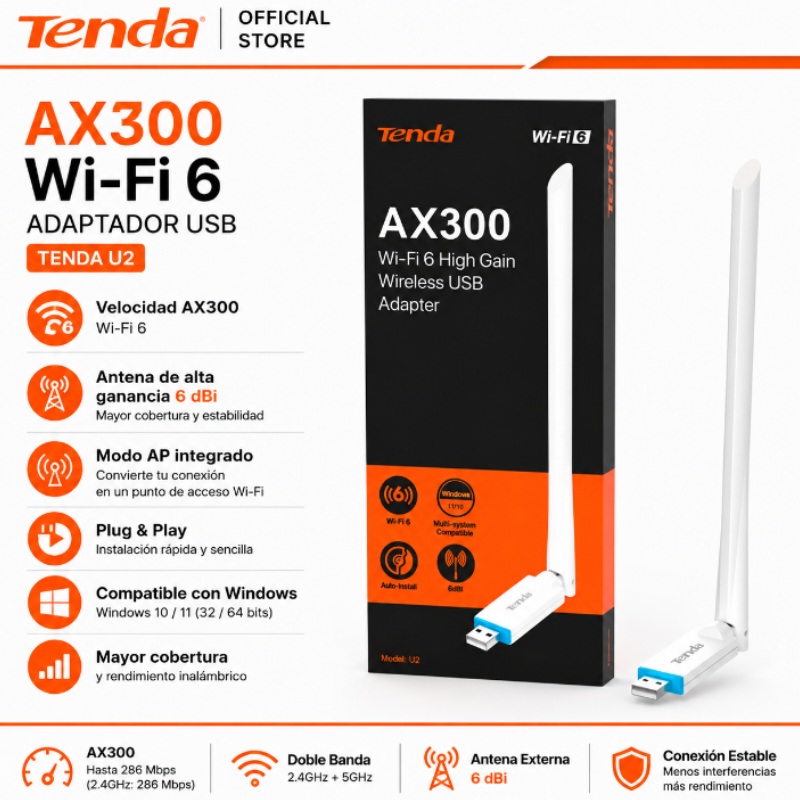ADAPTADOR USB WIFI AX300 WIFI6 ANTENAS 6DBI TENDA U2