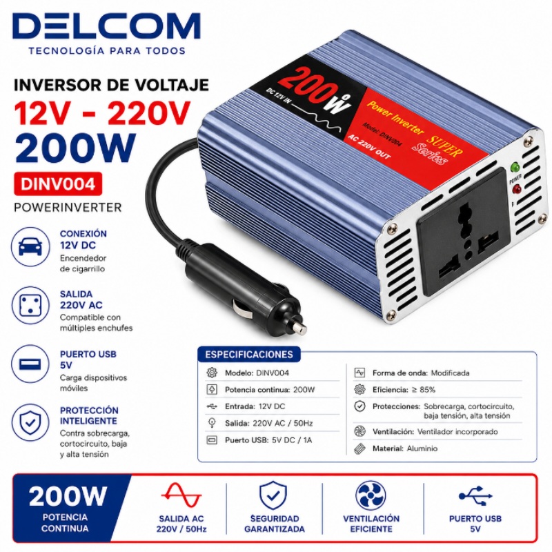 INVERSOR VOLTAGE 12V-220V 200W DELCOM DINV004 POWERINVERTER
