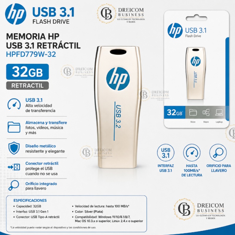 MEMORIA HP USB 3.1 32GB RETRACTIL SILVER HPFD779W-32