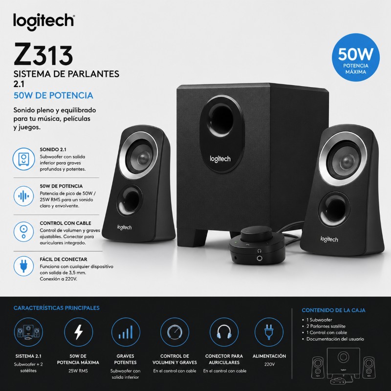 PARLANTE LOGITECH Z313 2.1 50W 220V BLACK