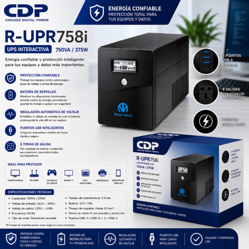 UPS 750VA - 375W 8 SALIDAS / 5 PORT USB / 1 TIPO C / AUTONOMIA 20MIN BLACK CDP R-UPR758I
