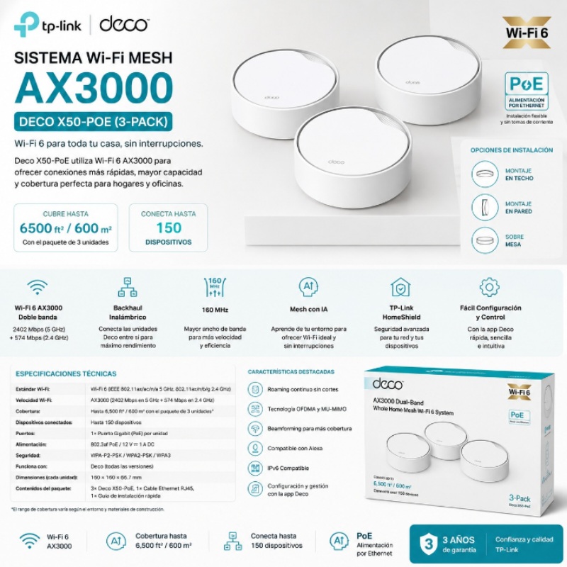 SISTEMA WIFI MESH AX3000 TP-LINK DECO X50-POE(3-PACK)