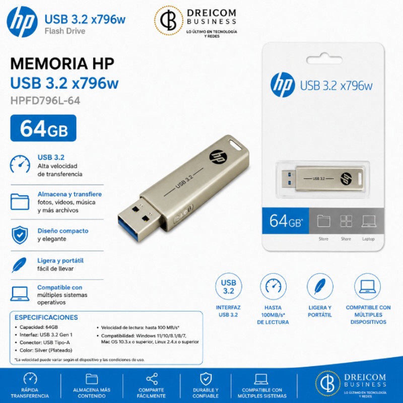 MEMORIA HP USB X796W 64GB 3.1 SILVER - HPFD796L-64