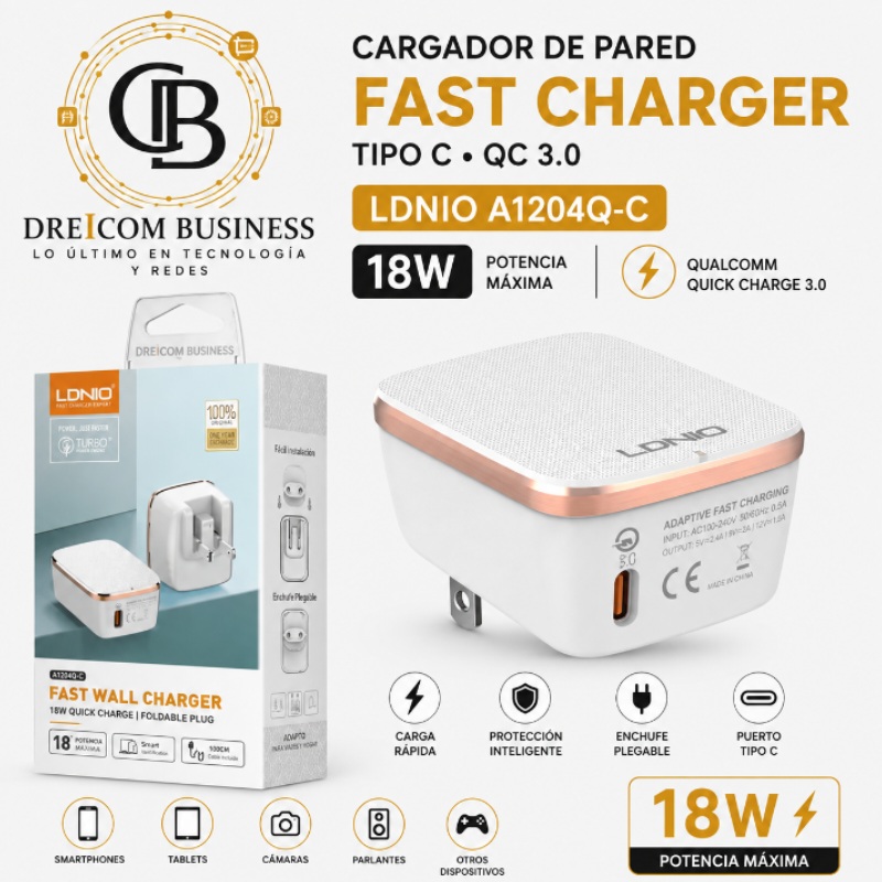 CARGADOR TIPO C LDNIO QC 3.0 FAST 18W A1204Q-C