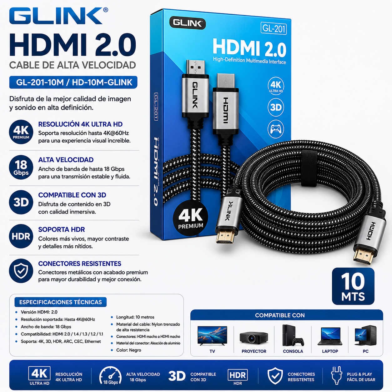CABLE HDMI 2.0 4K G LINK 10 MTS GL-201-10M HD-10M-GLINK