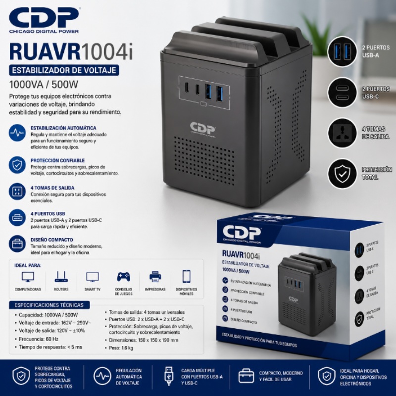 ESTABILIZADOR 1000VA/500W 4 SALIDAS 2 USB A 2 USB C CDP RUAVR1004I