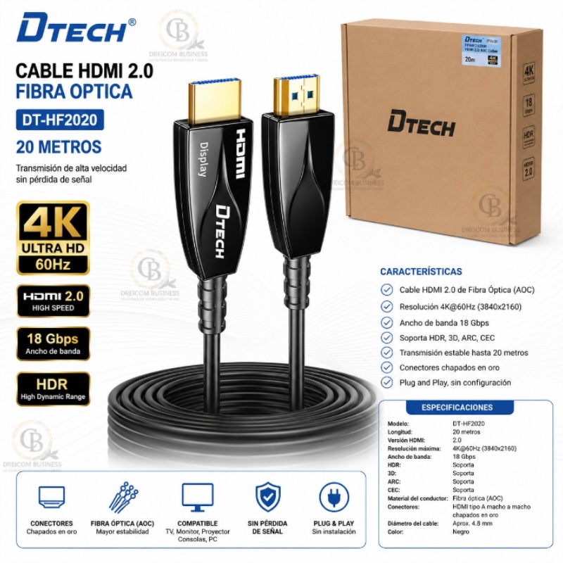 CABLE HDMI 20 MTS FIBRA OPTICA 2.0 4K D TECH DT-HF2020
