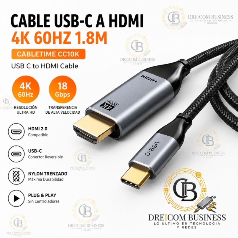 CABLE USB-C A HDMI 4K 60HZ 1.8M CABLETIME CC10K